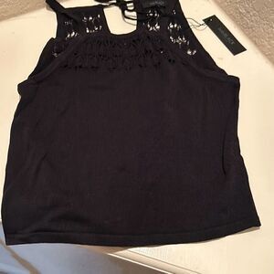 Bobi Black Women's Size M High Neck Crochet Tank Top Black Tie Back New